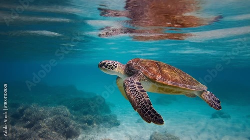 A majestic green sea turtle gracefully glides through the crystal clear turquoise water of the ocean, with its reflection visible on the calm surface