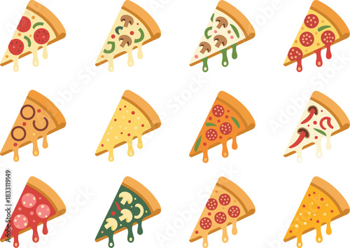 Flat cartoon illustration of assorted pizza slices with pepperoni, vegetables, mushrooms and melting cheese arranged in a colorful grid pattern
