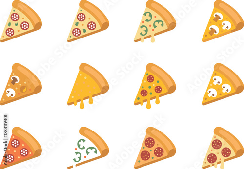 Flat cartoon illustration of assorted pizza slices with pepperoni, vegetables, mushrooms and melting cheese arranged in a colorful grid pattern