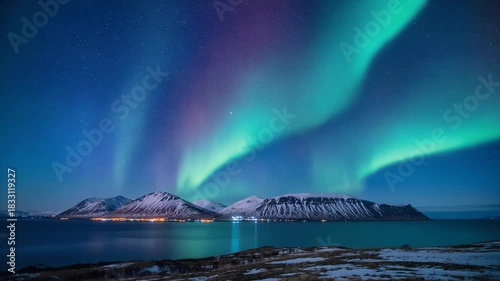Aurora Borealis Over Iceland Captivating Night Sky Landscape with Green and Purple Light Display