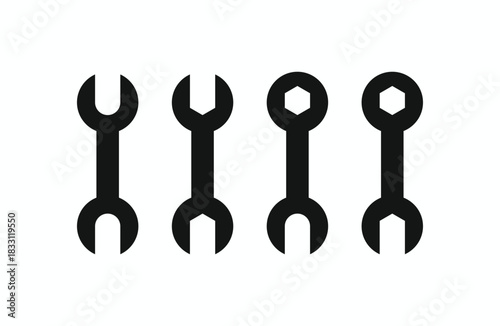 Wrench tool icon set vector. Minimalist black spanner symbols for setting, service, and repair applications. Vector black silhouette spanner and tool icons
