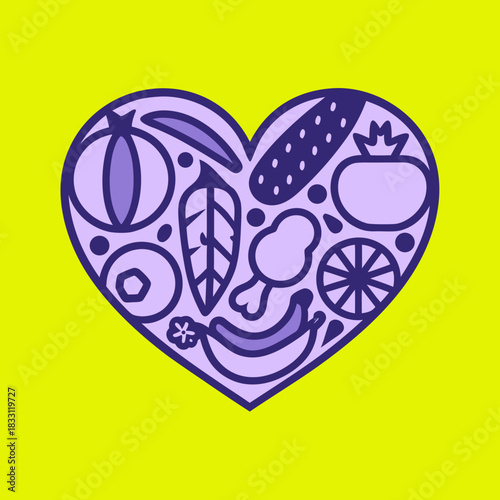 Purple heart shape filled with food icons on yellow background