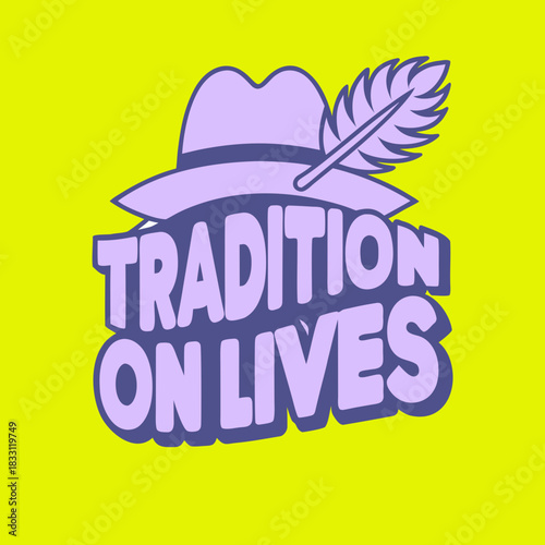 Purple pilgrim hat with feather and text tradition on lives
