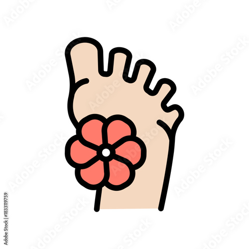 Foot and flower color icon. Foot hygiene, Healthy feet, Foot treatment, Podiatrist, Podiatry, Pedicure, Foot care, Massage foot, Organic cosmetics symbol. Vector isolated illustration.