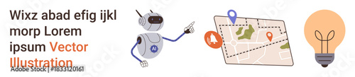 Artificial intelligence, navigation tools, technological innovation, robotics, creative solutions, location services. Robot pointing to a map and light bulb symbol. Artificial intelligence