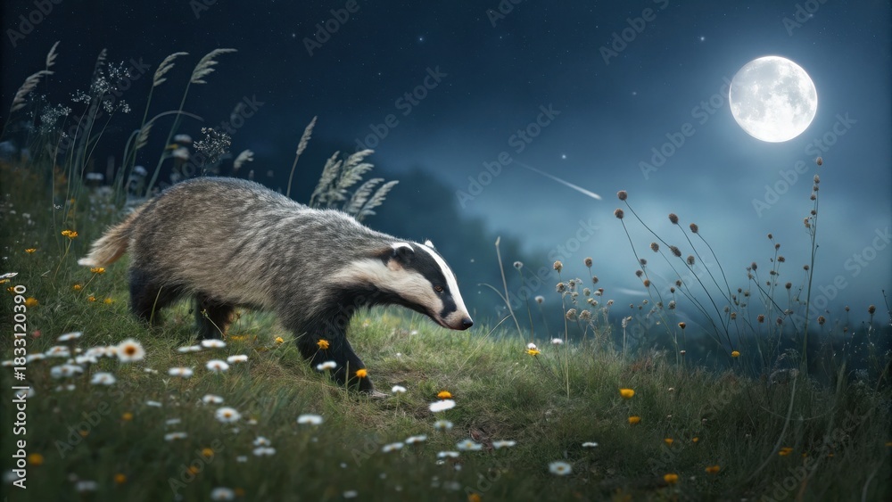 Obraz premium Badger in Field at Night with Moon