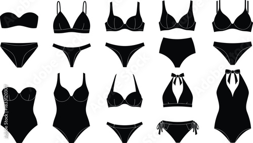 Black silhouette collection of women's swimwear and lingerie items bikini swimsuit