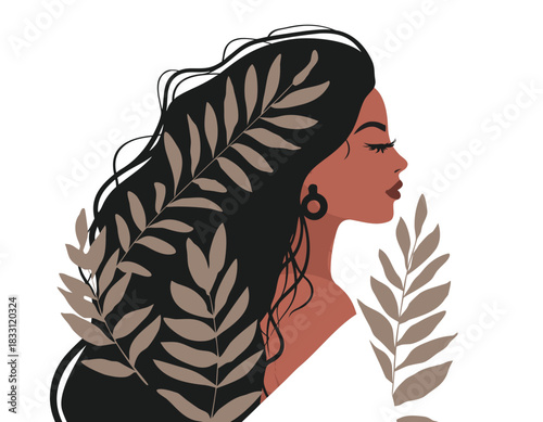 Profile of a woman with long dark hair adorned with muted tan botanical elements against a stark black background in a flat design illustration