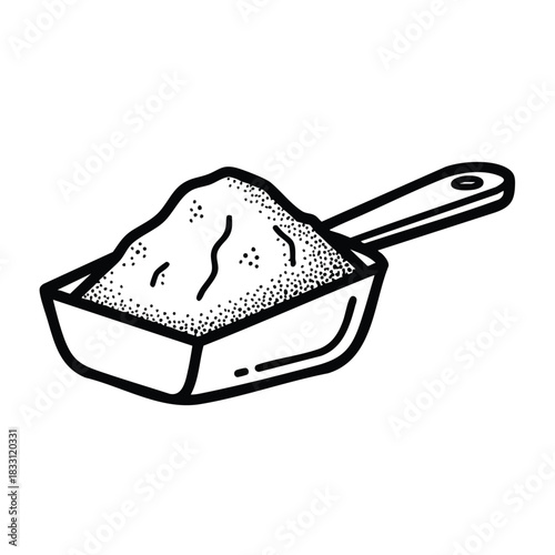 A detailed hand-drawn illustration of a scoop filled with fine granular material on a white background, perfect for graphics and design purposes