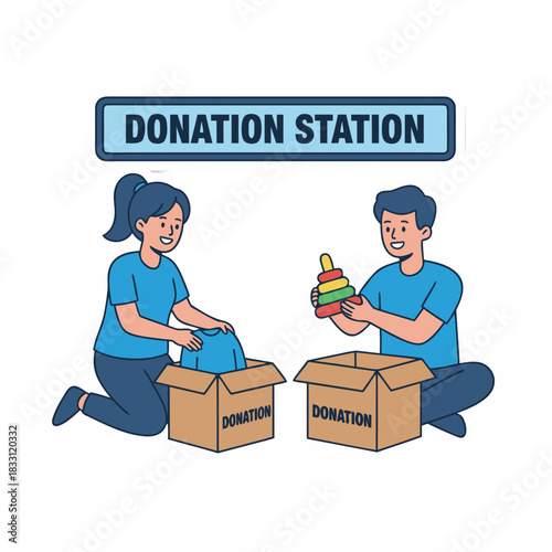 Smiling diverse couple sorting clothes and toys into donation boxes at a charitable donation station with blue and white color scheme and simple line art vector illustration