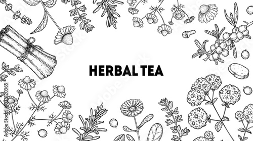 Herbal Tea vector drawing illustration. Herbal tea ingredients. Healthy food and drink . Vector drawing sketch collection. Engraved style.