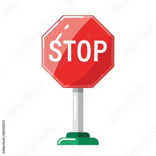A bright red octagonal stop sign with white lettering stands proudly on a white pole with a green base signaling caution and immediate cessation of