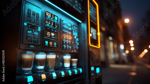 A futuristic coffee vending machine with holographic interface, glowing neon buttons, serving coffee in transparent cups