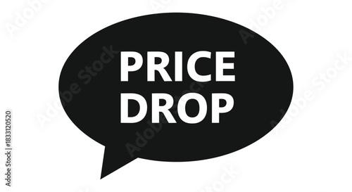 A black speech bubble displaying the words price drop in white text