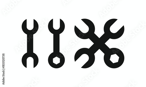 Minimalist vector icon set of spanners featuring open-end and combination wrenches in various arrangements (crossed and parallel). Essential for mechanics, construction, settings, and quick fix servic