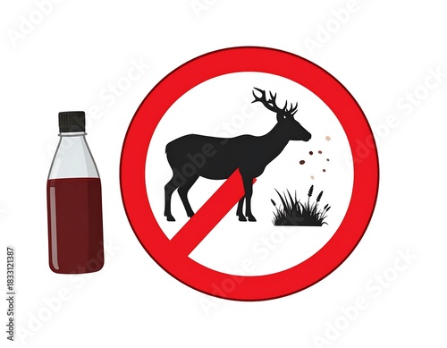 Deer silhouette within a red prohibition circle, near a plastic bottle with dark red liquid