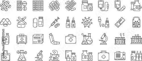 Medical pills and pharmacy line icons set showing medicines, syringes, laboratory tests, virus research, healthcare equipment, first aid and clinical treatment