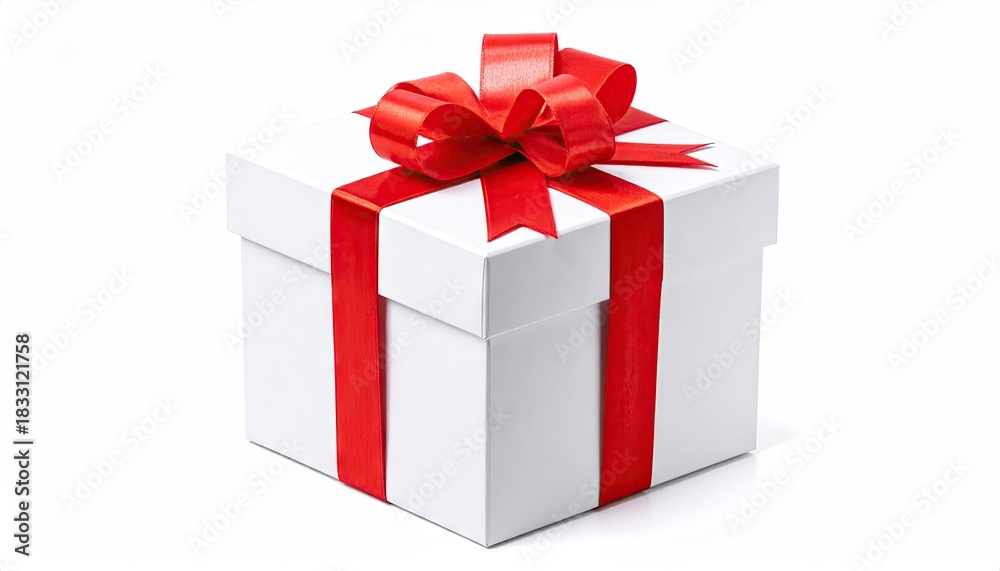 Obraz premium Elegant White Gift Box with Red Ribbon and Bow Isolated on White Background.