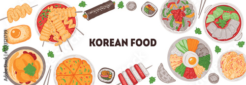 Korean food vector drawing. Top view Korean food dishes vector illustration. Flat style. Odeng, samgyetang, pajeon, egg bread, kimbap, tteokbokki, japchae, jjigae, kimchi.