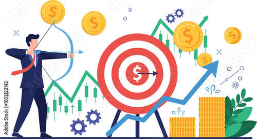 Businessman Targeting Financial Goals and Investment Strategy for Business Success with Archery Target, Stock Market Chart, and Growth Arrow Vector