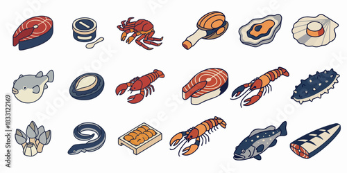 Set of isometric luxury seafood vector icons including lobster crab caviar and oyster isolated on white