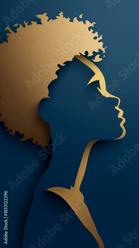 Golden silhouette of a woman with afro hair against a deep blue background
