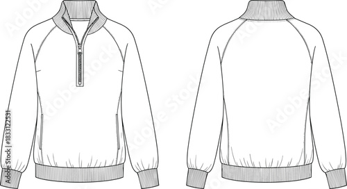 Black and white technical drawing of a half zip sweatshirt front and back views front view