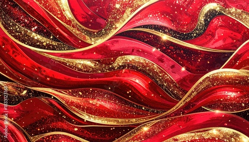Abstract flowing waves of deep red and shimmering gold glitter texture.