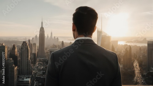 Man in Suit Looking Over City Skyline at Sunrise.