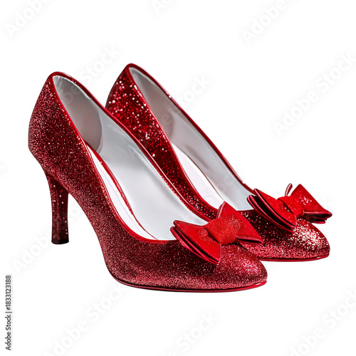 Red Glitter High Heels with Bows isolated on a transparent background