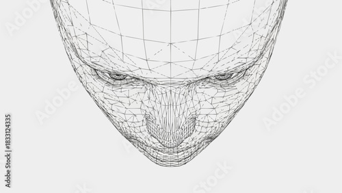 Wireframe 3D model of a human face, abstract digital representation.