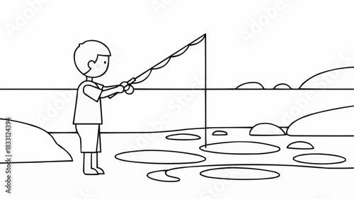 Simple line drawing of a young boy fishing with a rod.