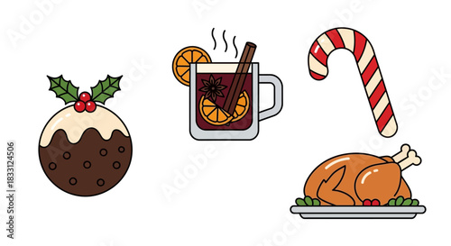 Christmas Holiday Feast Food and Drink Icon Set