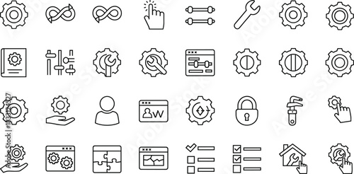 Settings and configuration line icons set showing tools, gears, sliders, optimization controls, system management, user preferences, maintenance options and technical adjustment symbols