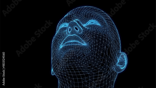 Glowing blue wireframe model of a human head looking up.