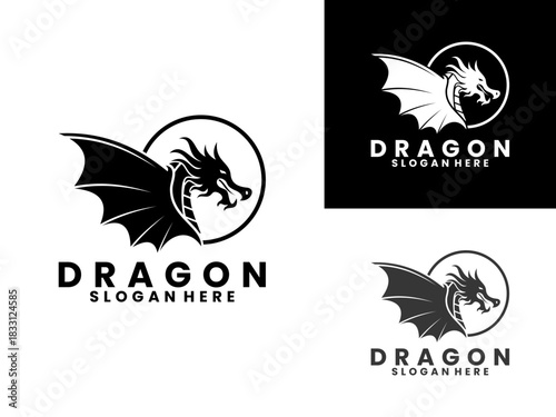 Mythological dragon with circle line logo design vector template