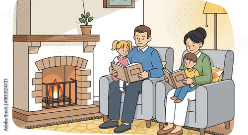 Cozy Family Reading Time – Parents and Children by Fireplace in Warmly Lit Living Room