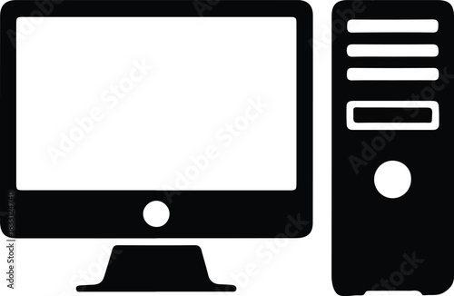 Desktop computer icon for tech and hardware searches, Simple black silhouette of a desktop computer and tower, useful for illustrating technology, hardware systems, and digital device concepts.

