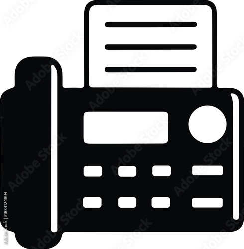 Fax machine office communication icon graphic, Simple black fax machine icon representing document transmission, office communication tools, and traditional business correspondence technology.

