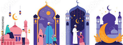 Set of Islamic festive scenes with Muslim families, mosque gates, crescent moon, and stars celebrating Ramadan Kareem and Eid Mubarak vector