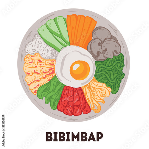 Bibimbap vector drawing illiustration. Top view . Flat style.