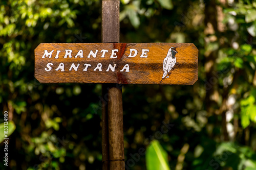 Wooden sign at the PETAR (Alto Ribeira State and Tourist Park) viewpoint, Brazil