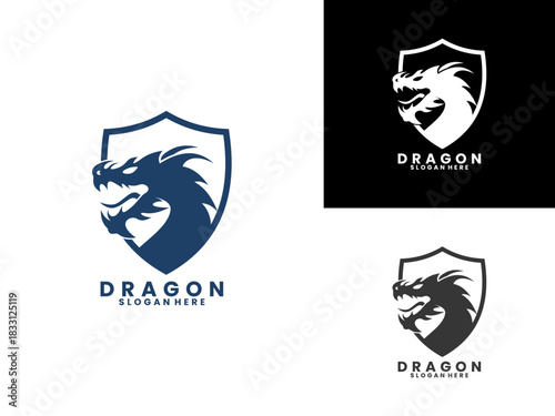 Dragon with shield logo design vector template. Protection logo with dragon shield vector