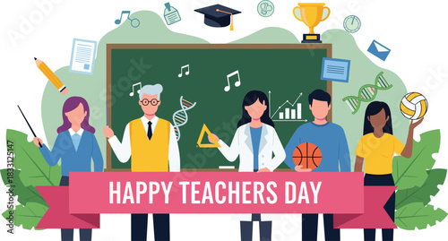 Happy Teachers Day celebration concept, featuring diverse educators in front of a chalkboard surrounded by academic, science, and sports elements vector illustration