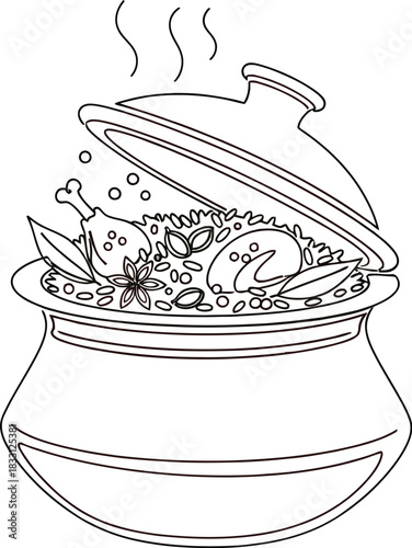 Delicious chicken biryani in a pot with steam rising on a white background