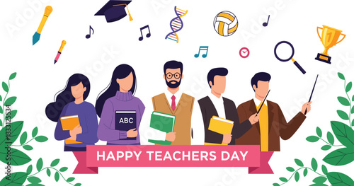 Vector illustration celebrating Happy Teachers Day, depicting a diverse group of male and female professional educators surrounded by academic symbols like a graduation cap, DNA, trophy, musical notes