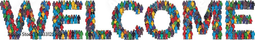 Large Diverse Crowd of People Forming the Word "WELCOME" Vector Illustration, Symbolizing Hospitality, Community, Inclusion, Greeting, Onboarding, and New Member Integration