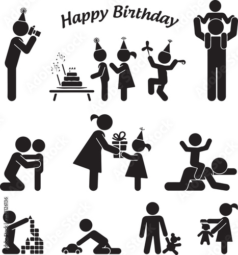 Black vector stick figure set of business people icons and office work symbols illustration concept