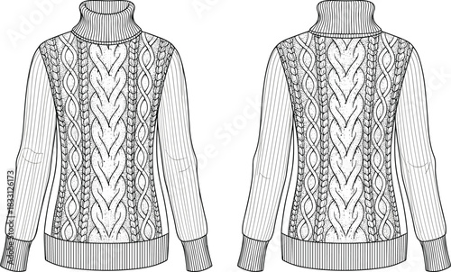 Black and white line art illustration of a cable knit turtleneck sweater front and back