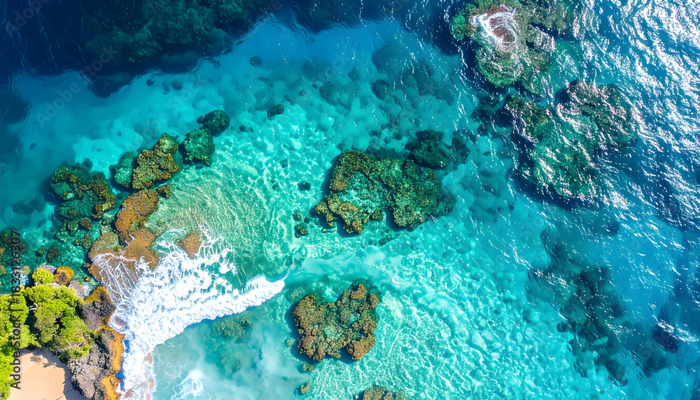 Obraz premium Aerial View of Turquoise Tropical Beach and Coral Reef